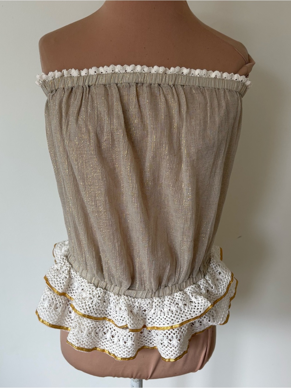 Ramy Brook Tilda Strapless Beige Cotton Gold Lurex Crochet Hem Tube Top NWT Sz S